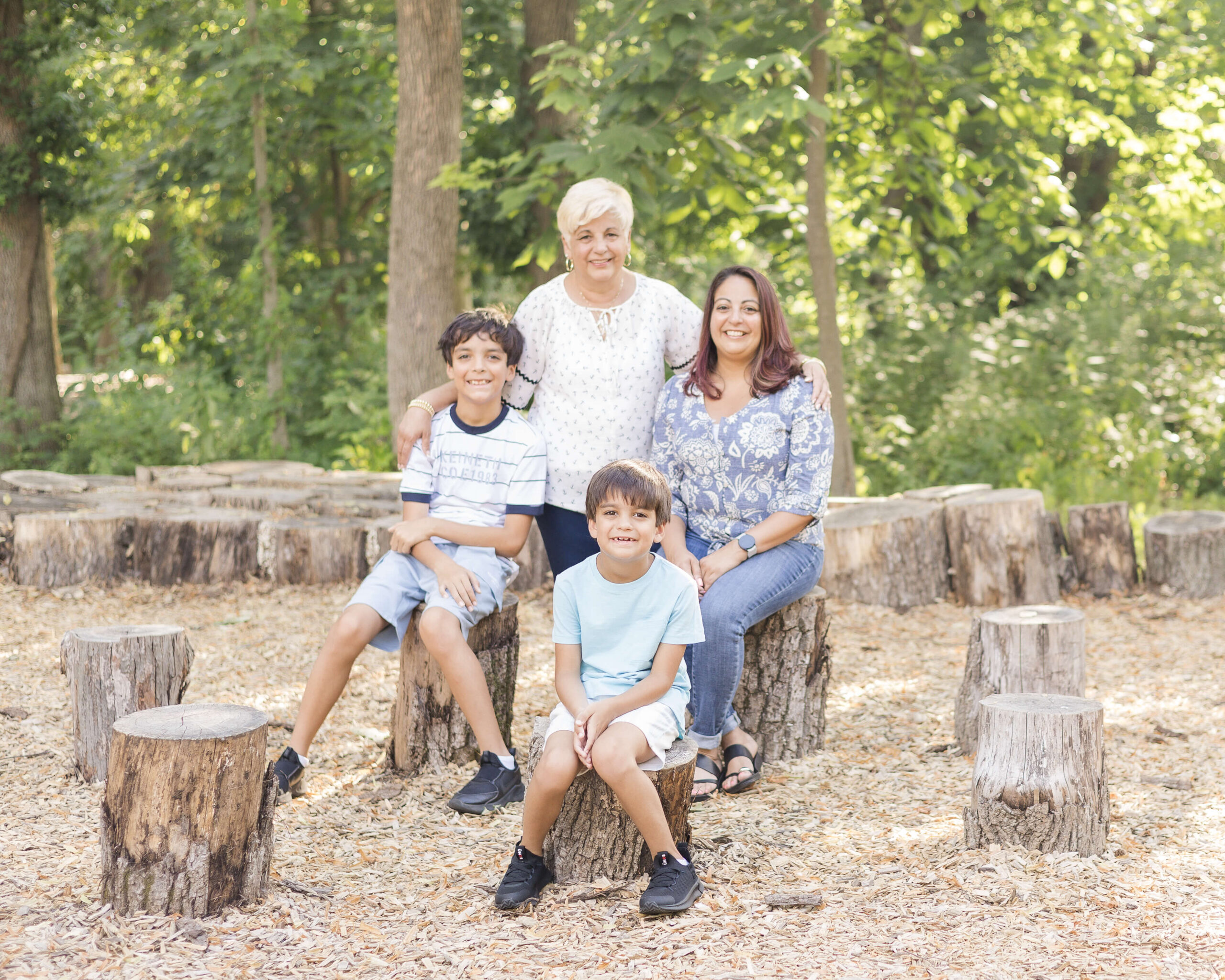 Two young boys sit on stumps in a park with mom and grandma in the shade