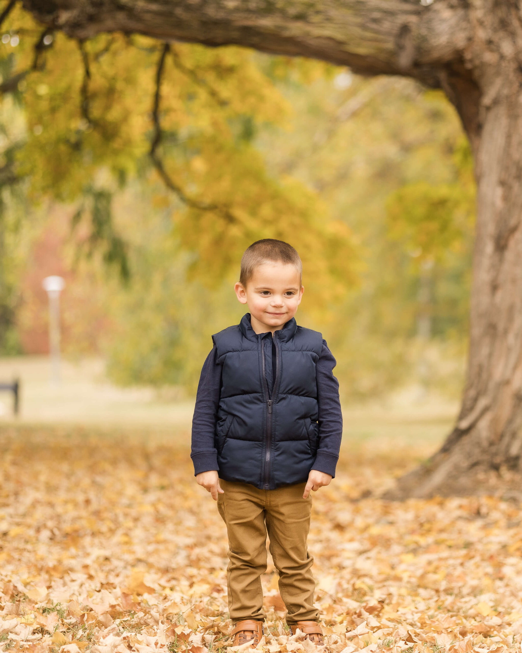 A toddler boy in a black vest and khakis stands under a tree in a a park covered in leaves in fall