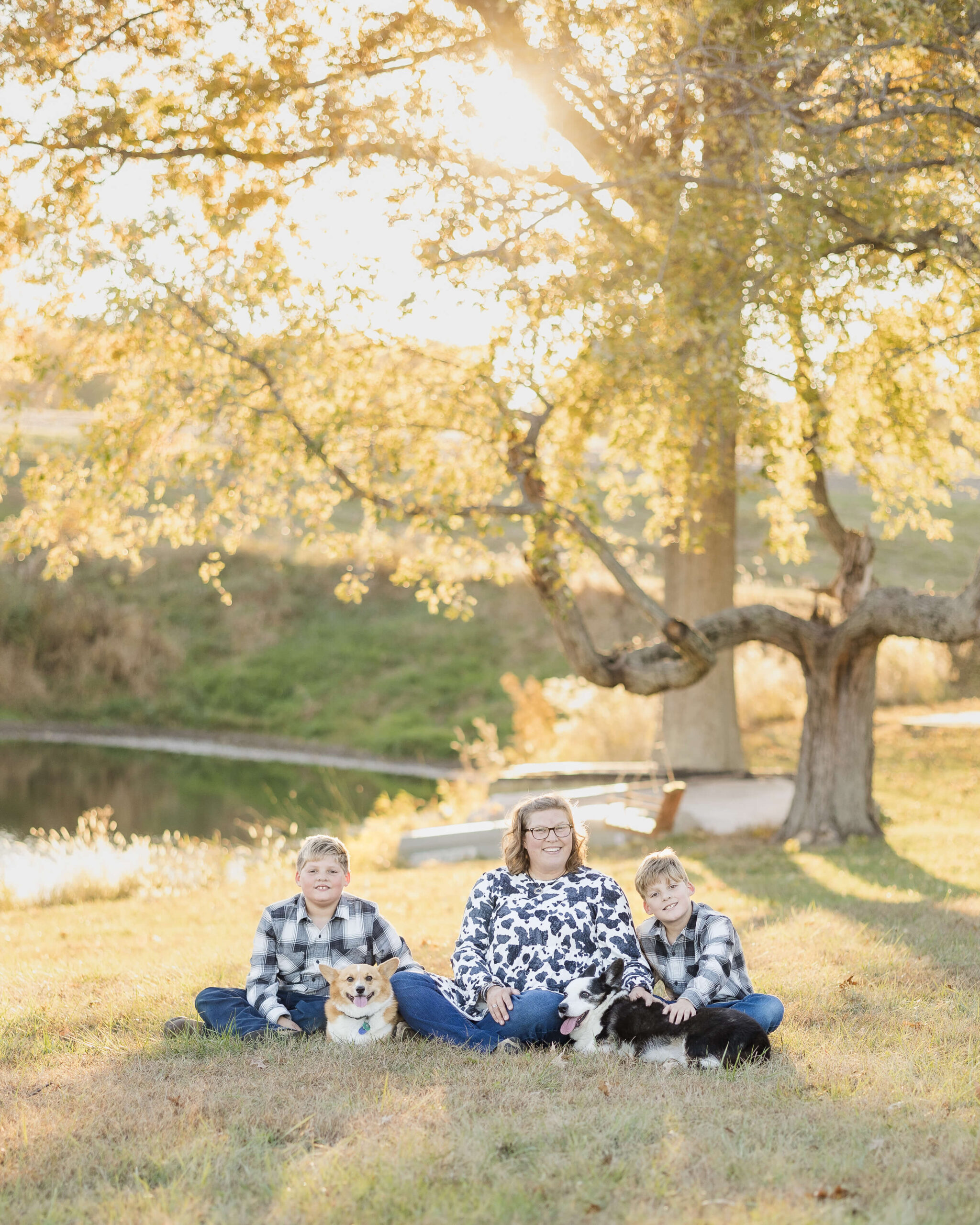 A mother sits in the grass with her two sons and two corgies at sunset
