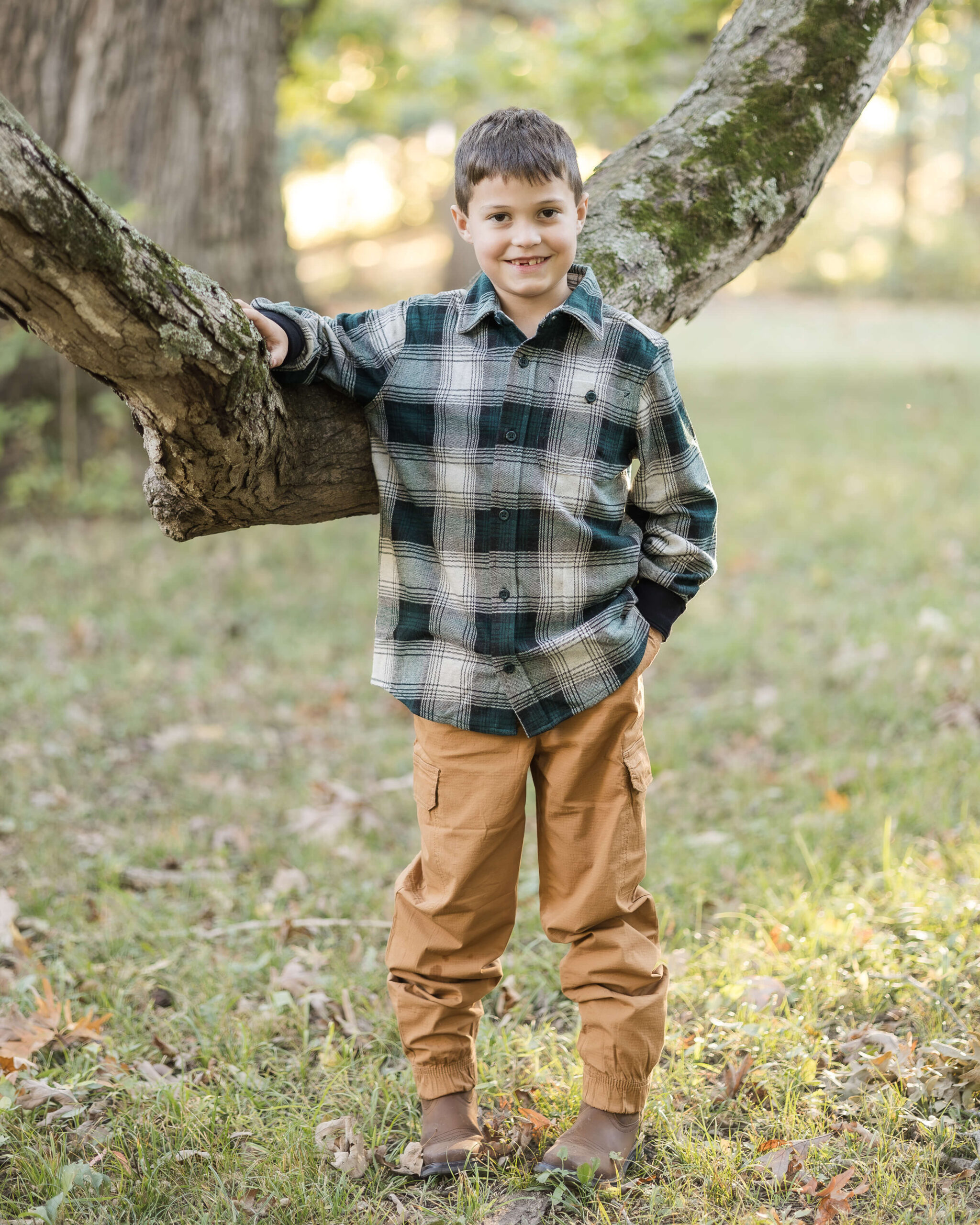 A young boy in a plaid shirt leans on a low tree branch in a park at sunset after enjoying montessori schools in Springfield, IL