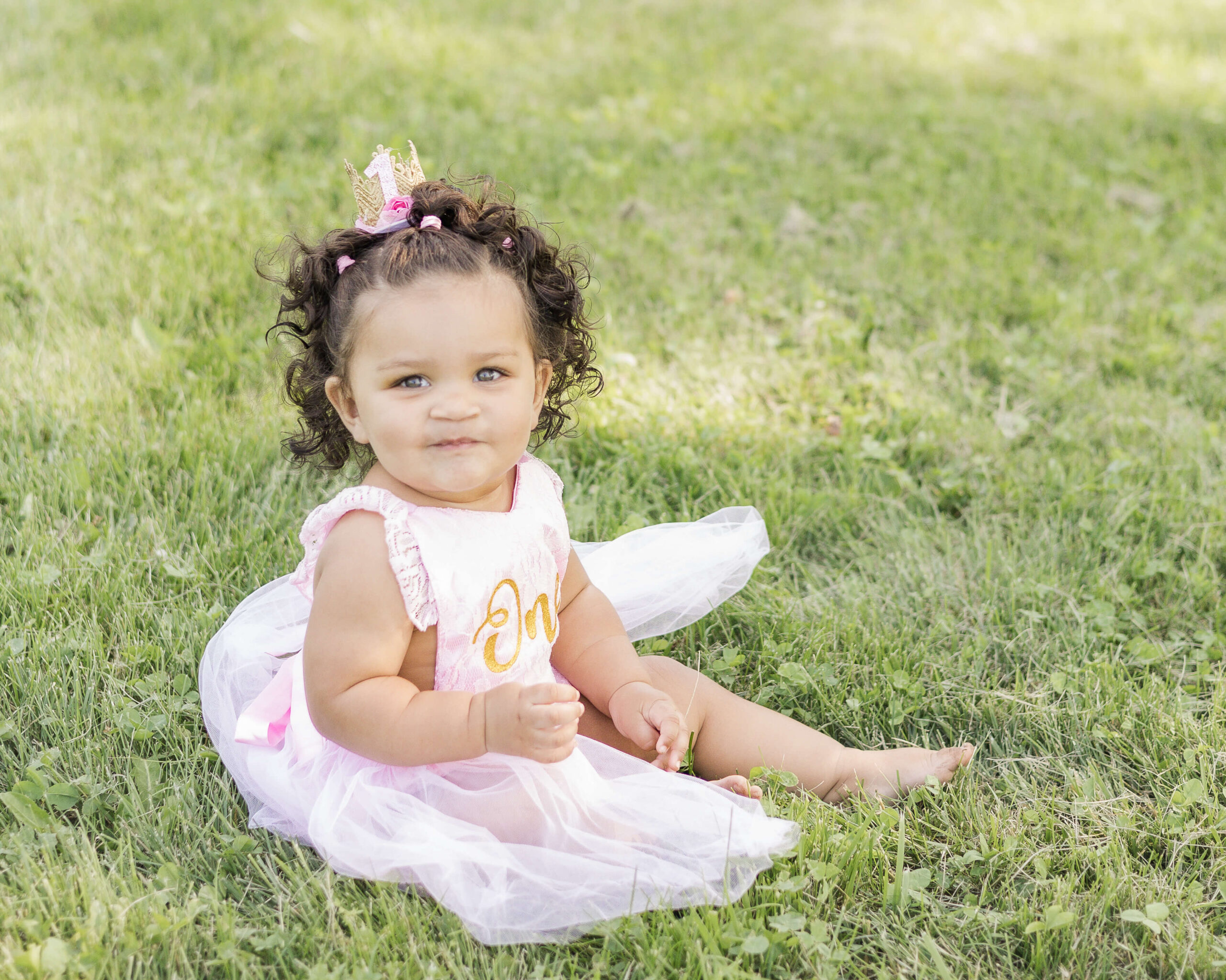 A toddler girl in a pink dress sits in a field of grass with a number 1 tiara before visiting splash pads in springfield, IL